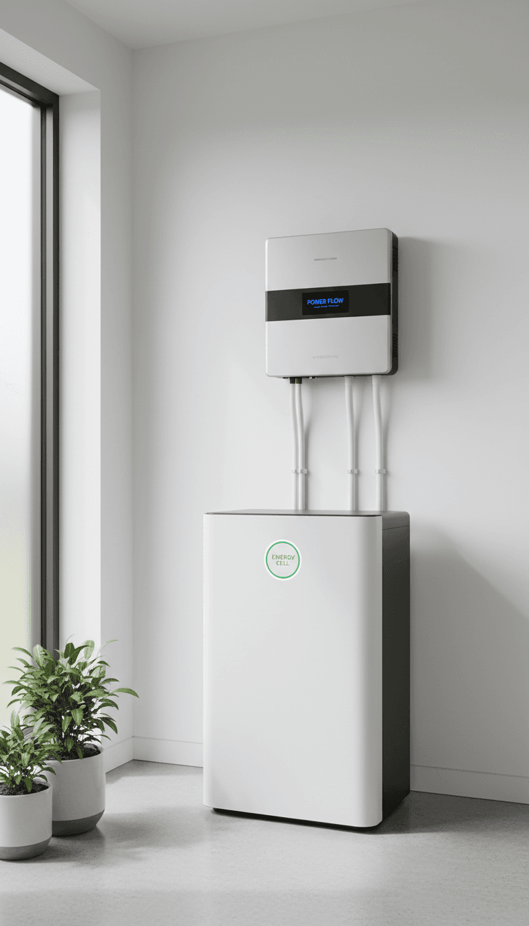 modern solar inverter and battery storage system in clean bright utility room